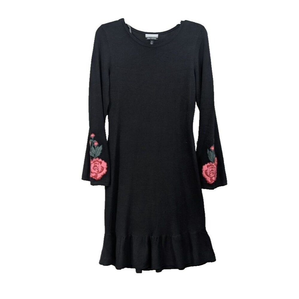 Allison Britney SMALL Black Sweater Dress Bodycon Embroidered Bell Sleeve Ruffle